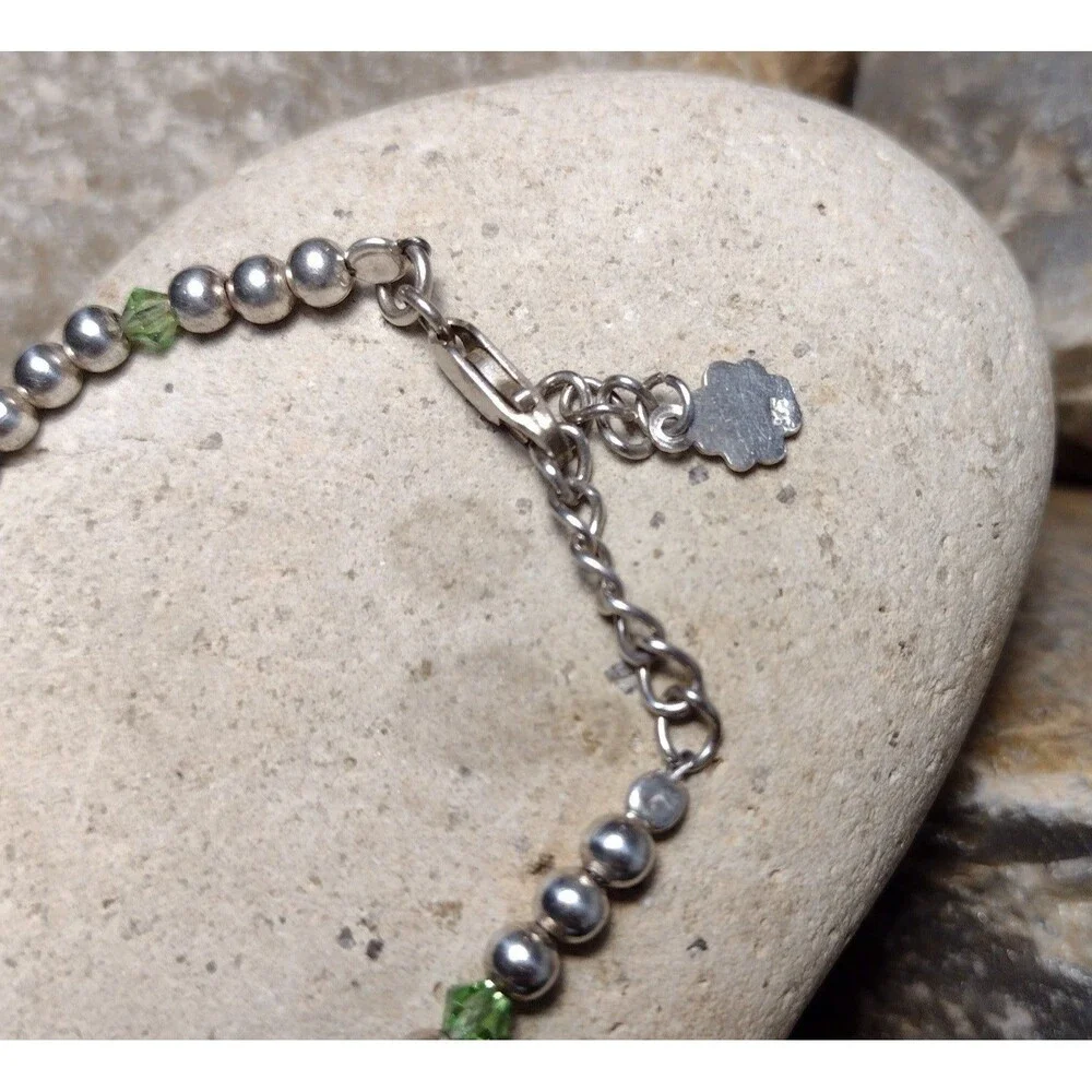 Sterling Silver .925 Green Crystal Beaded Shamrock Charm Bracelet Irish